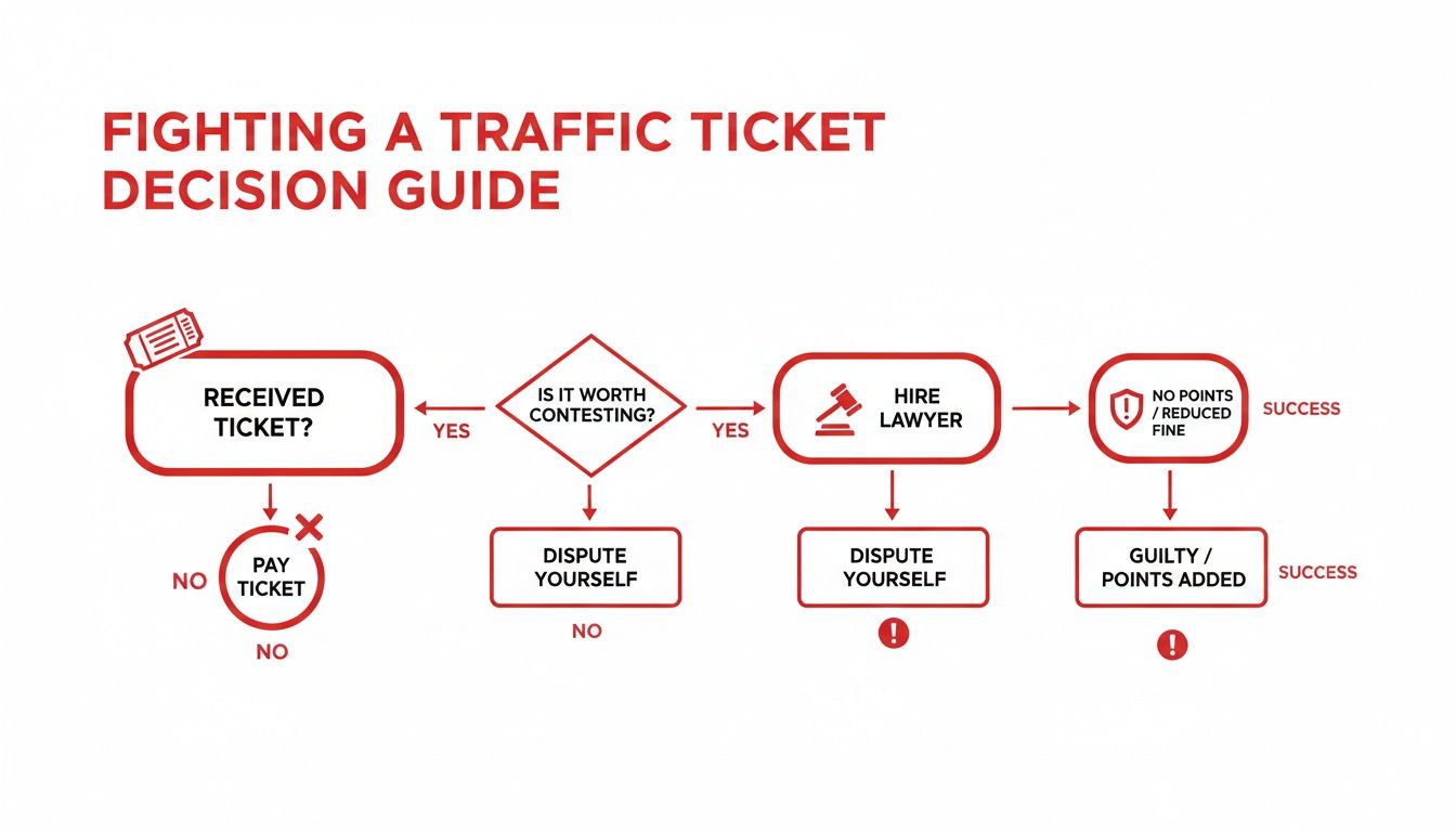 A flowchart decision guide for fighting a traffic ticket, outlining steps from receiving to resolution.