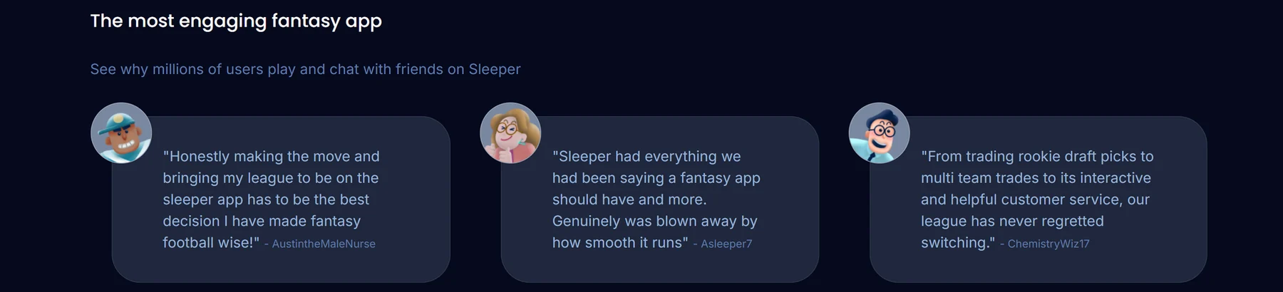 The previous Sleeper page's testimonials: three quote cards with cartoon avatars