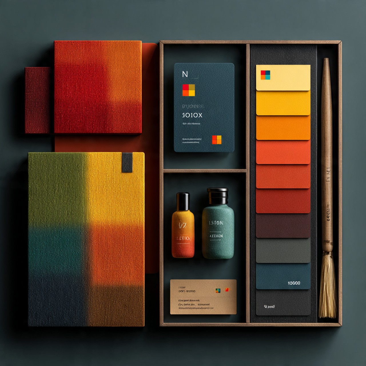 Alt text: A neatly arranged designer's kit featuring two textured fabric swatches in warm autumn colors, paint samples, two bottles, and a brush in a divided wooden box. The composition and tones evoke creativity and warmth.