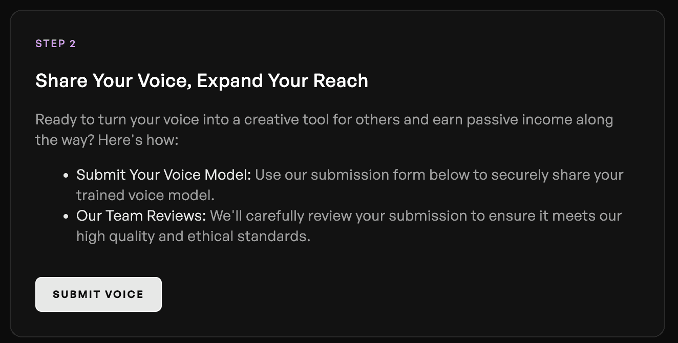 Voice model submission page for Kits Earn