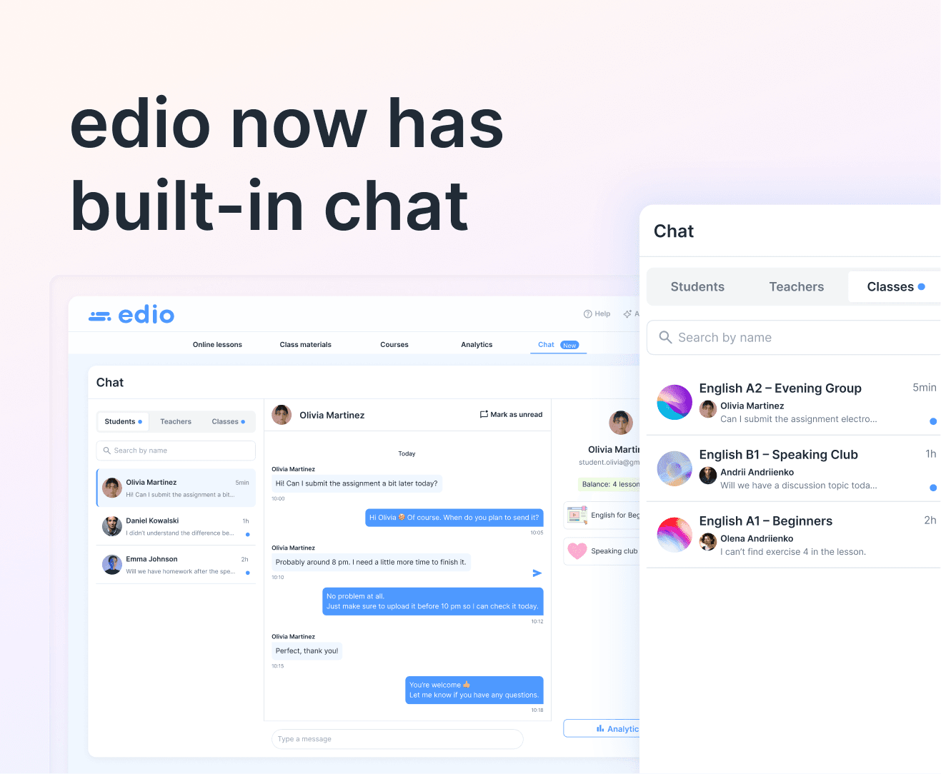 edio now has built-in chat — online language school platform with students, teachers and classes tabs
