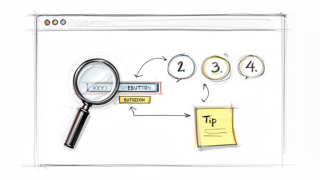 A hand-drawn sketch of a web browser window illustrating a process workflow with search, buttons, steps, and a tip.