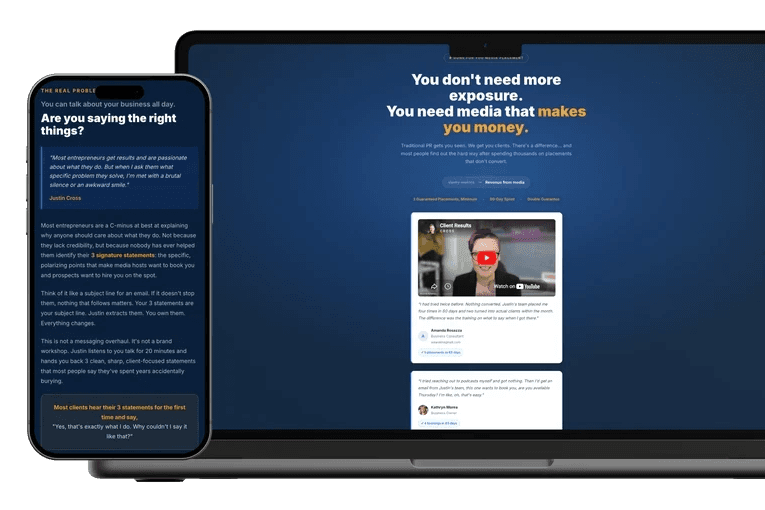Justin Cross Media mockups of the site on mobile and desktop