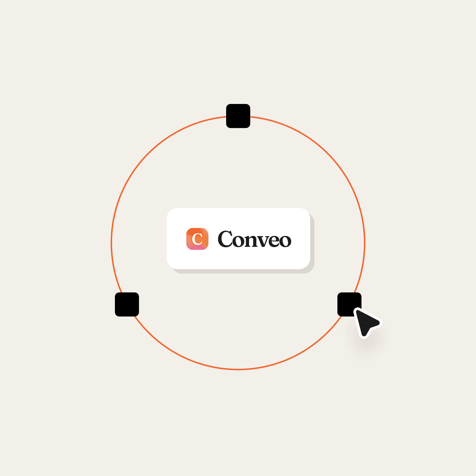 The Conveo logo centred inside an orange circle with three black square nodes and a cursor icon, suggesting a platform integration or workflow connection diagram.