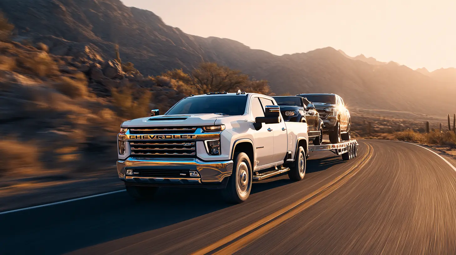 White pickup truck towing a luxury travel trailer RV on a highway during a scenic sunset.
