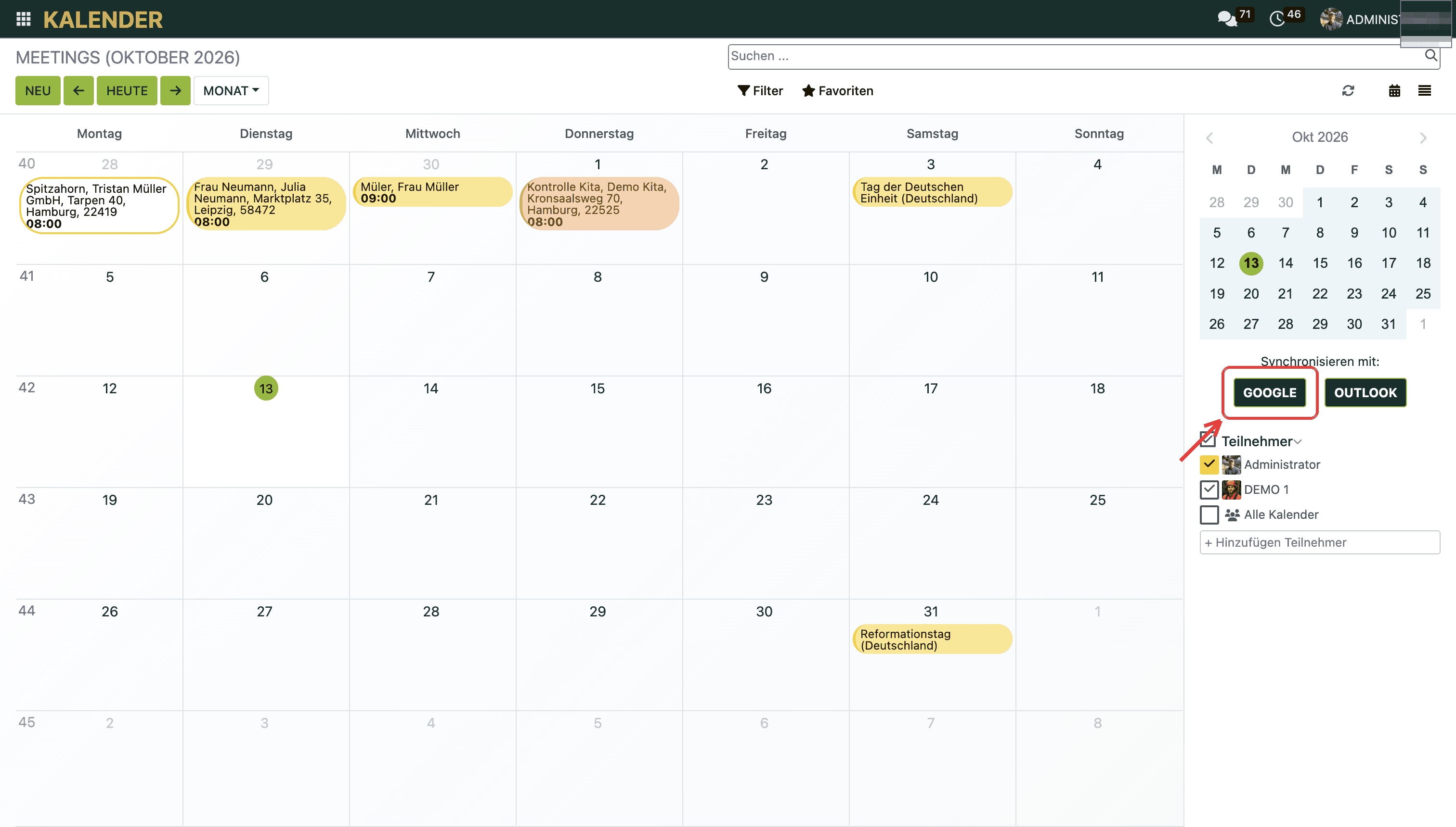 Google-Knopf im Kalender