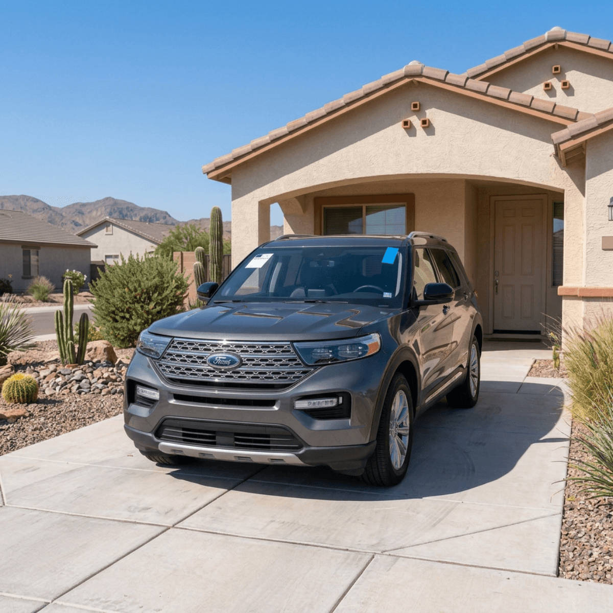 Windshield replacement completed on a gray Ford Explorer at a home in South Tucson, Arizona