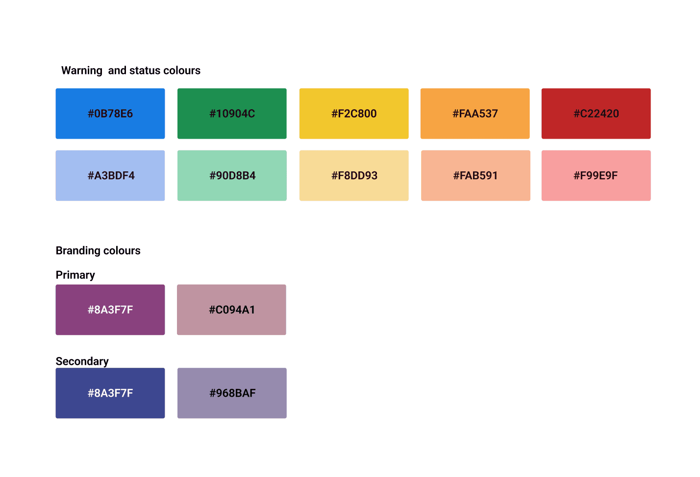 Swatches: dark and pastel warning and status colours with hex values, plus primary and secondary brand colours adjusted for contrast.