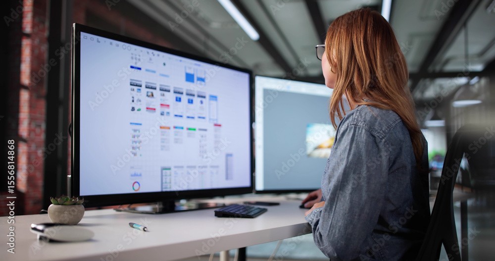 A woman works at her computer looking at information on two screens