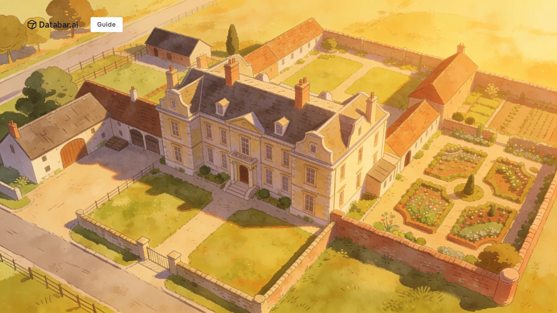 Account research and business profiling, illustrated as one large estate in late light, its yards, outbuildings and approaches laid out