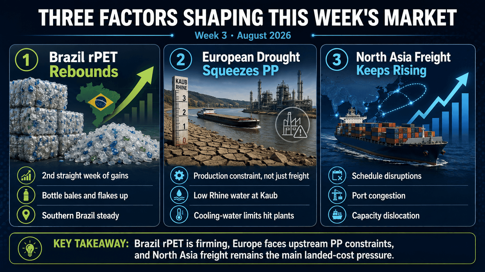 Three factors shaping the recycled plastics market in August 2026: rising Brazil rPET prices, European drought affecting PP supply, and higher North Asia freight.
