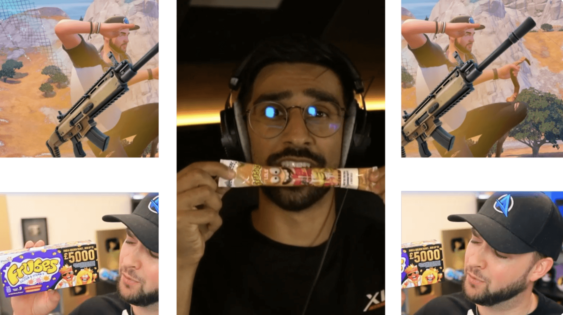 Collage aus drei Szenen: In der Mitte hält ein Mann mit Brille und Kopfhörern eine Süßigkeit in die Kamera. Links und rechts davon sind zwei Gaming-YouTuber zu sehen – einer hält eine Packung mit Snacks, der andere spielt ein Videospiel und zielt mit einem Gewehrcharakter.