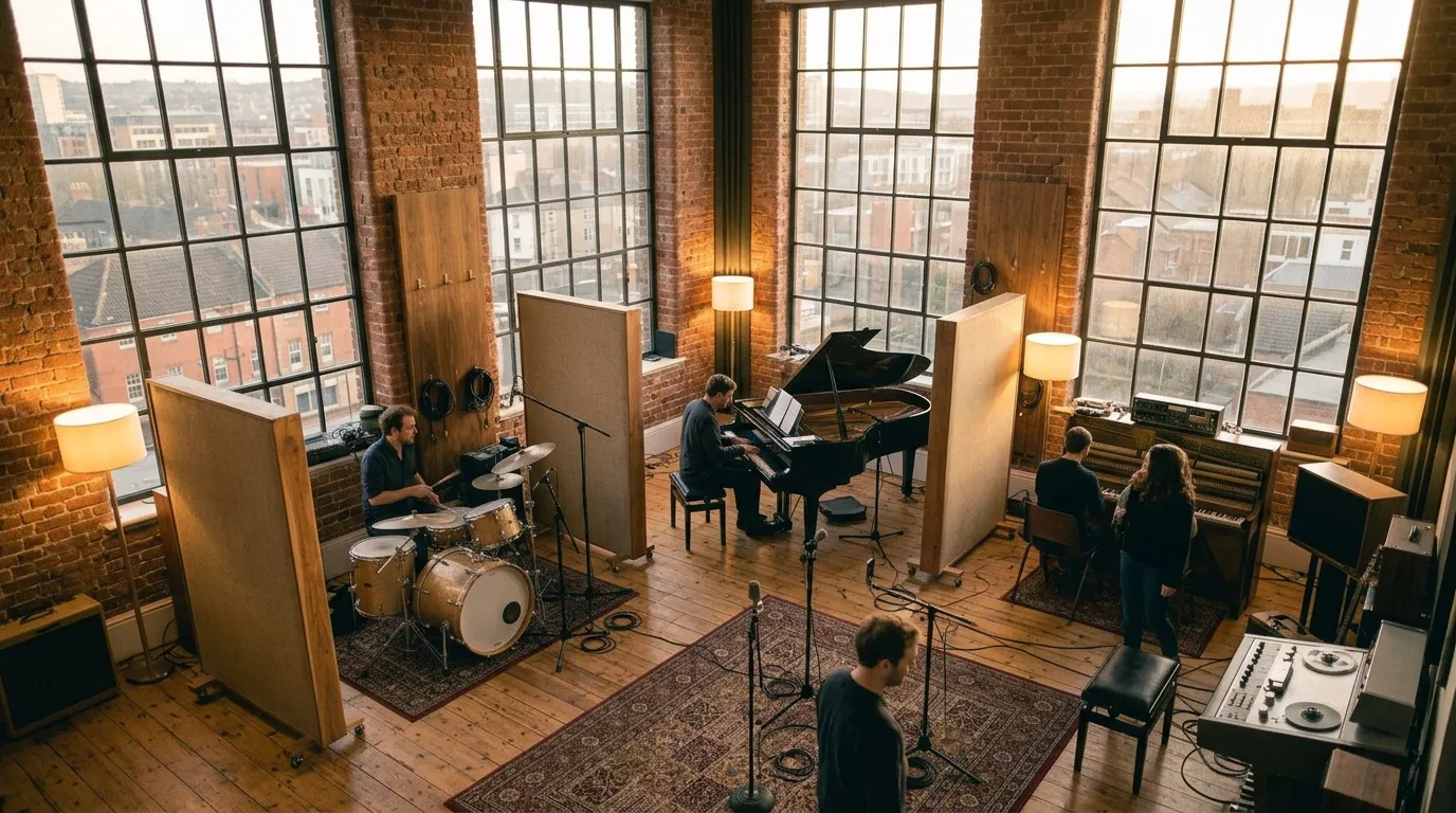 The big wooden live room at Fernhill Sound, with the grand piano, drum kit and tall windows