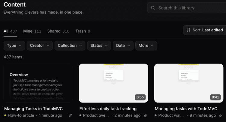 Clevera's content library showing the how-to video, product demo and how-to article made from one recording