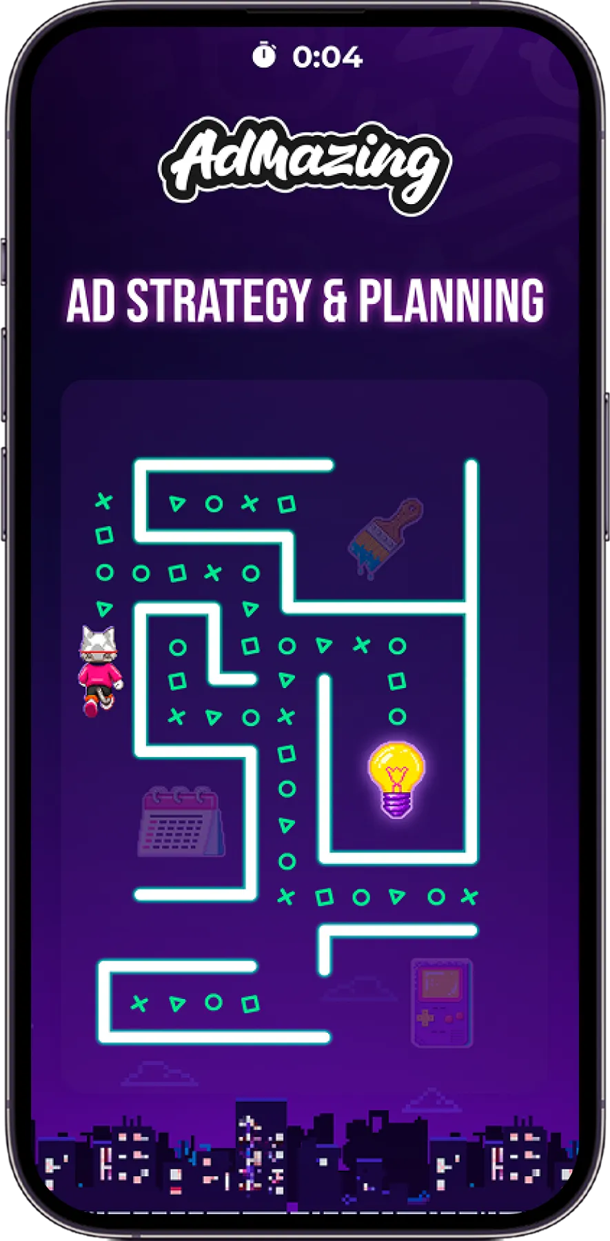 PlayPlus interactive ad featuring an Admazing maze mini-game on a mobile screen.