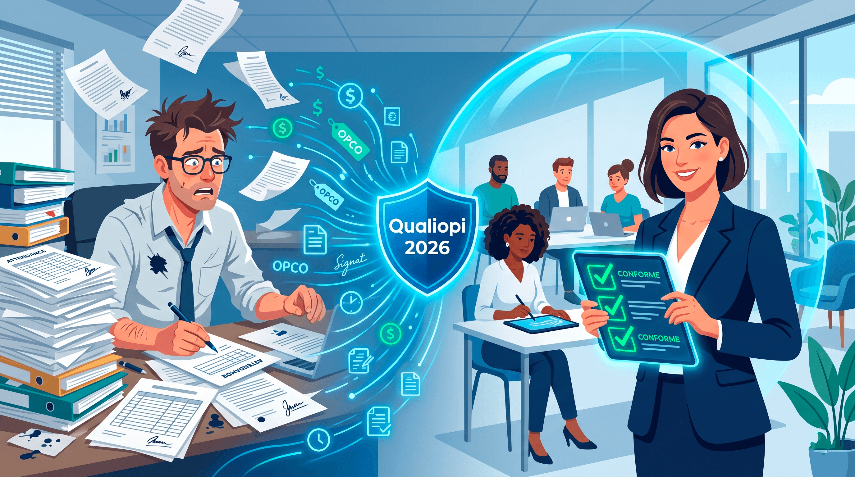 Une illustration détaillée comparant un bureau chaotique basé sur le papier à gauche avec une salle de formation numérique et structurée à droite, les deux étant connectés par un bouclier central glowing. Le côté gauche montre un homme stressé et échevelé, dépassé à son bureau croulant sous des piles de fichiers de papier et de formulaires (texte : "ATTENDANCE", "Signat") et de documents volants. Des flèches avec des signes dollar, des étiquettes "OPCO" et des documents marqués "Signat" et "OPCO" s'écoulent vers un bouclier central lumineux qui porte l'inscription "Qualiopi 2026". Le côté droit présente une femme professionnelle souriante en tailleur tenant une tablette avec des coches vertes et du texte conforme (texte : "CONFORME", "VALIDE", "ASSIDU"). Derrière elle, une salle de classe moderne avec des stagiaires utilisant des ordinateurs portables est enclose à l'intérieur d'un grand dôme protecteur transparent d'énergie bleue, indiquant la conformité pour la norme "Qualiopi 2026". Des icônes de données de temps, d'argent, d'OPCO et de documents circulent autour du dôme.