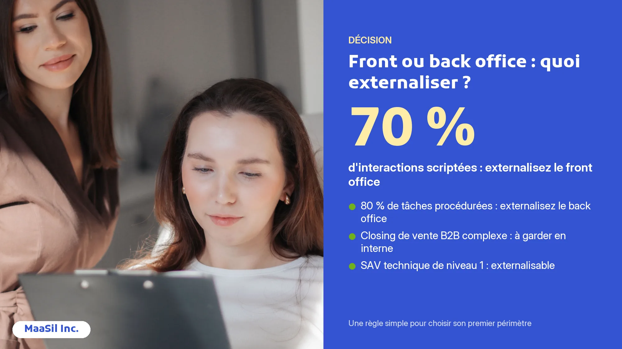 Infographie : externaliser le front office si 70 % des interactions sont scriptées, le back office si 80 % des tâches sont procédurées