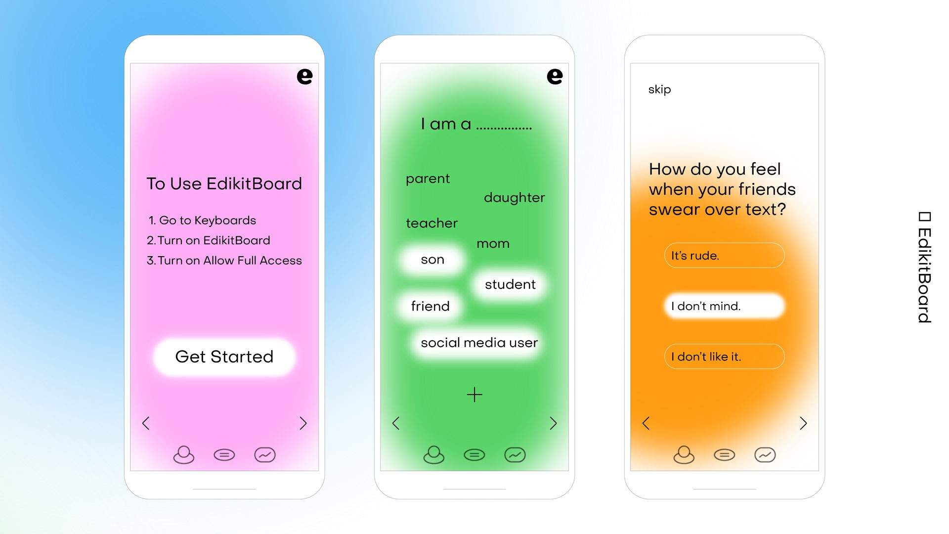 Three smartphones are displayed side by side, each showing a different screen. The leftmost phone has a pink background and displays the text "To Use EdikitBoard" with numbered steps: "1. Go to Keyboards", "2. Turn on EdikitBoard", "3. Turn on Allow Full Access". The center phone shows a green gradient background and displays "I am a _______" with placeholder text. The rightmost phone has an orange gradient background and asks "How do you feel when your friends swear over text?" with a text input field and a button labeled "I don't mind."