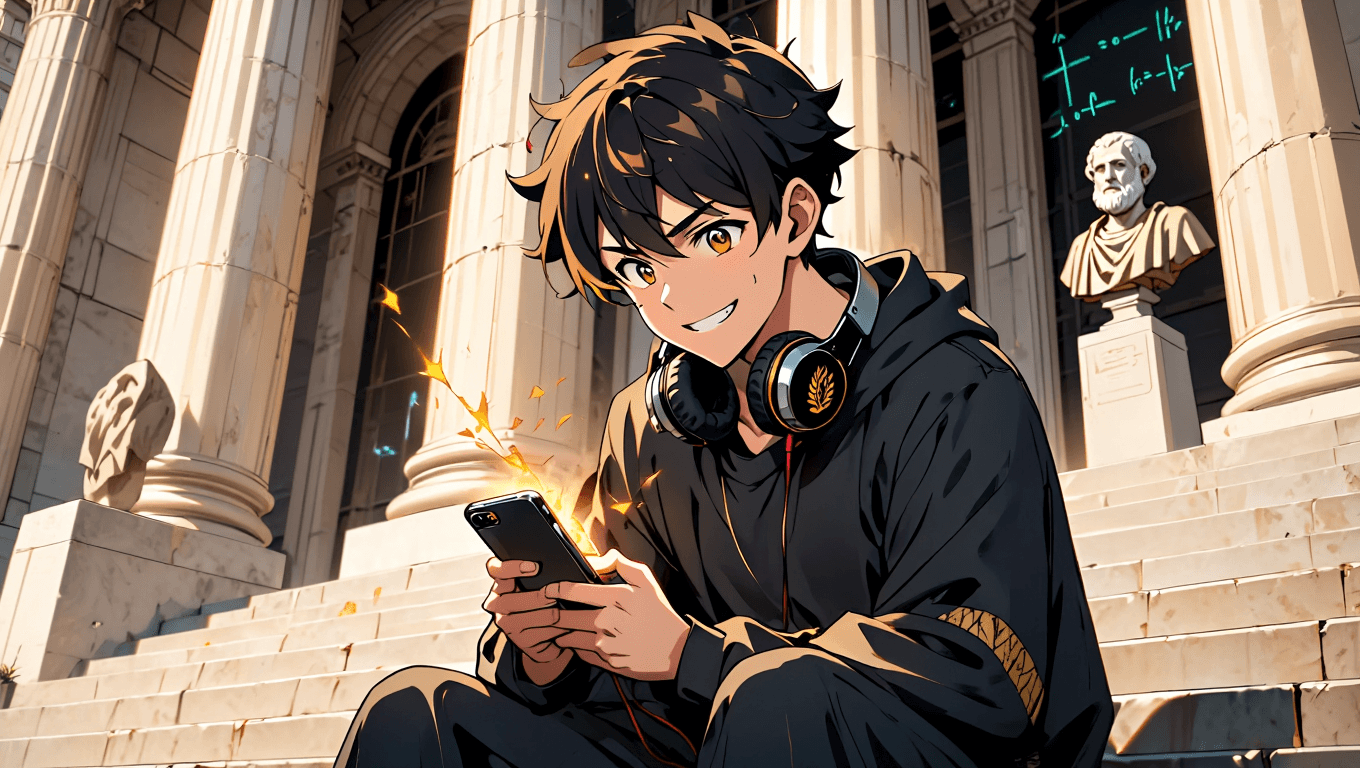 Aistote Honest Review: A cinematic anime frame of a student smiling at his glowing phone on the marble steps of a neoclassical university.