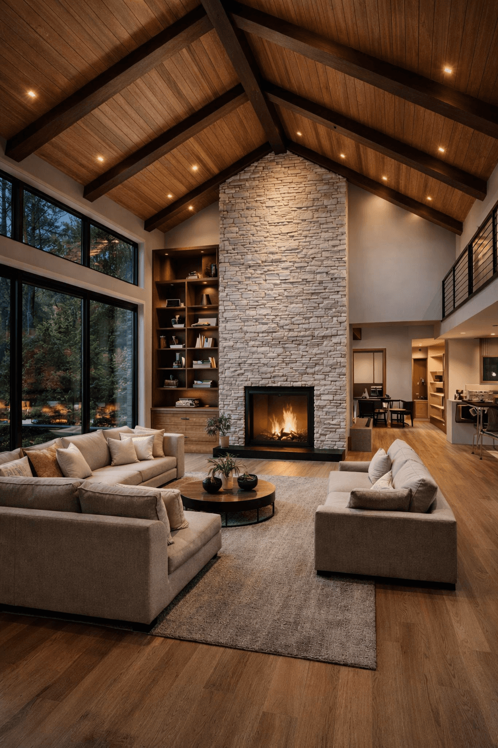 A serene outdoor seating area with two chairs, surrounded by lush greenery and a glassed-in structure.