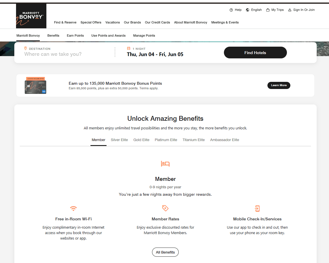 Marriott Bonvoy "Unlock Amazing Benefits" page showing entry-level Member tier (0-9 nights/year) with three core perks: free in-room Wi-Fi, member rates, and mobile check-in/services, plus a co-branded credit card offering up to 135,000 bonus points