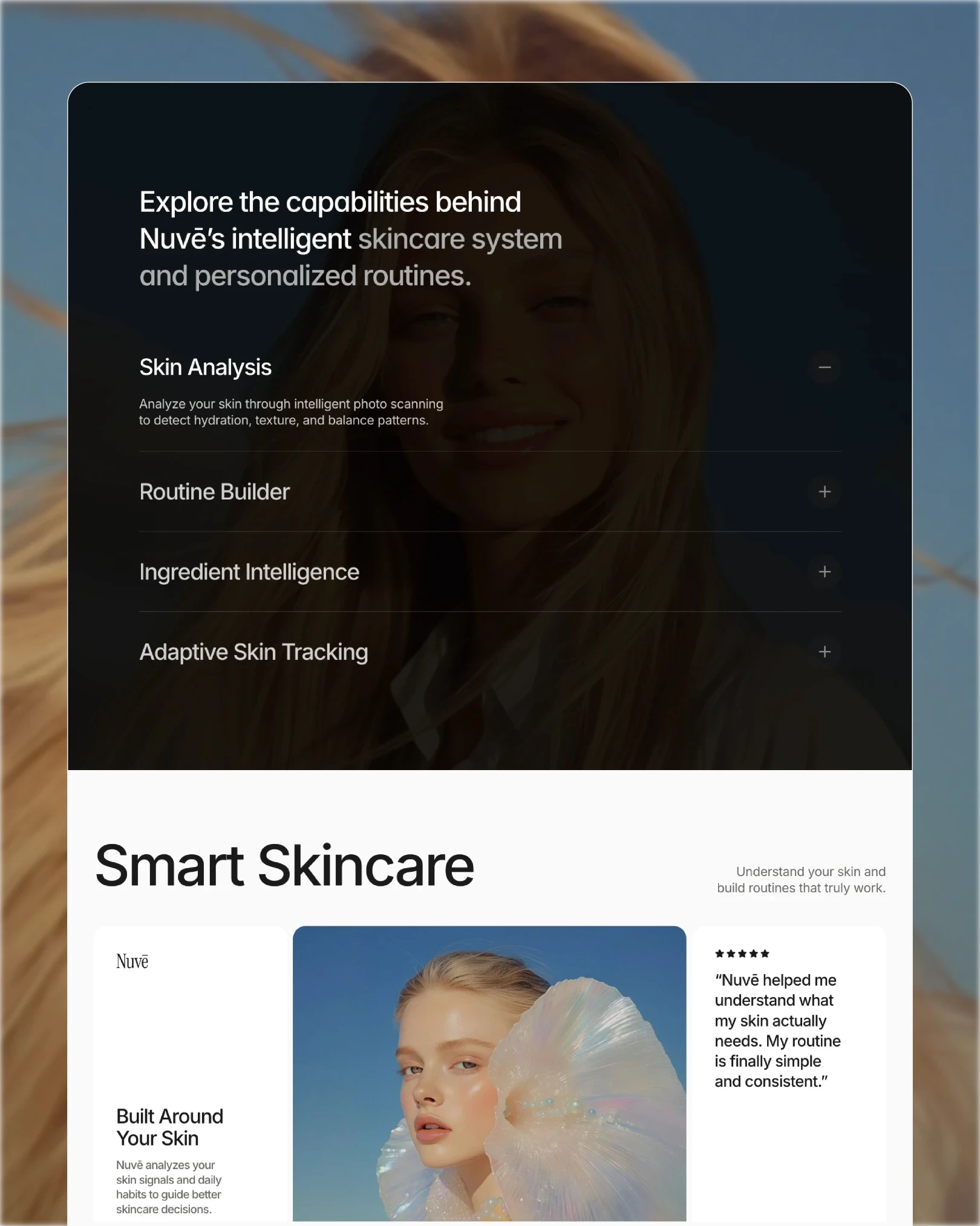 Nuvē capabilities accordion and smart skincare section with user testimonial — web design by Luna UI design studio
