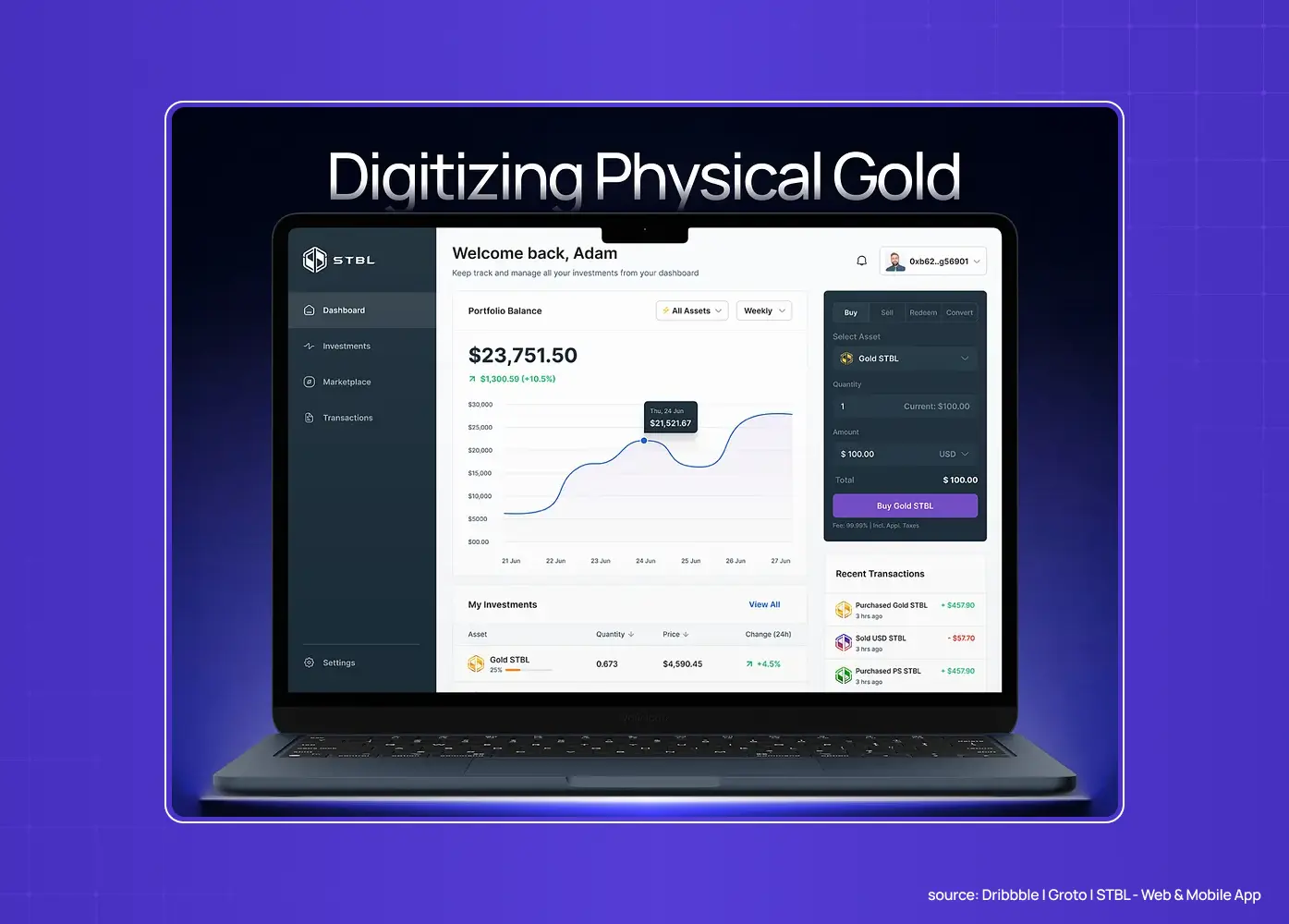 Laptop displaying a digital gold investment dashboard with portfolio balance, investment performance, charts, and transactions.