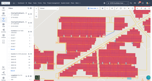 Map view displaying various red-highlighted areas, with a sidebar on the left providing additional information.