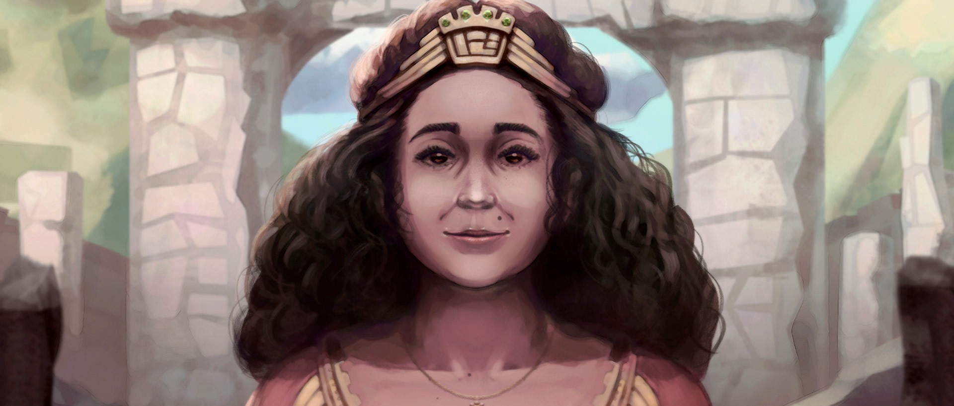Wide crop of the Princess of Castillo portrait and its castle landscape.