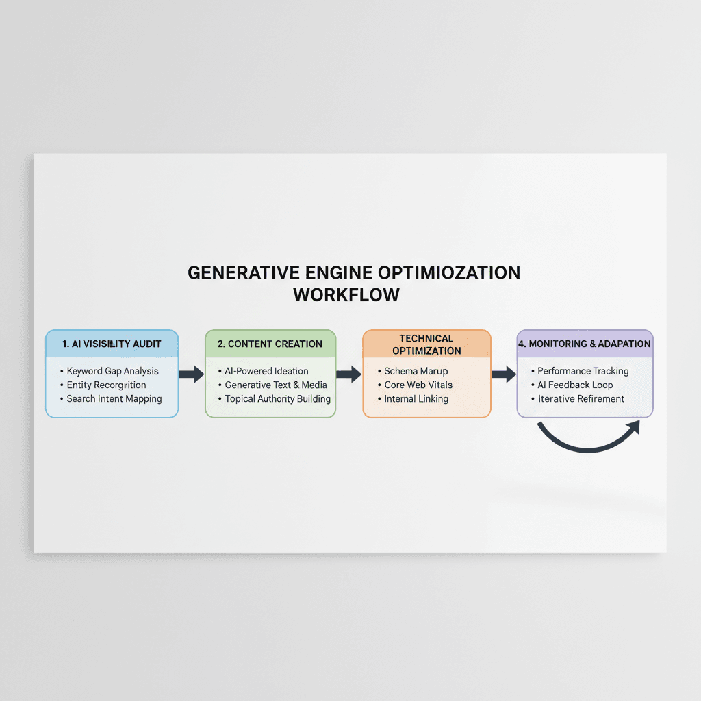 Generative engine optimization workflow diagram showing the six-step process for AI search visibility