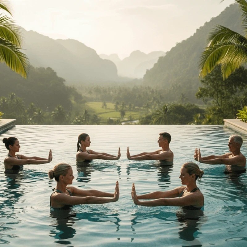A serene, close-up shot of crystal-clear turquoise water in a swimming pool, showing gentle ripples and soft sunlight reflections. The clean, minimalist composition evokes a sense of tranquility and the refreshing nature of low-impact aquatic wellness.