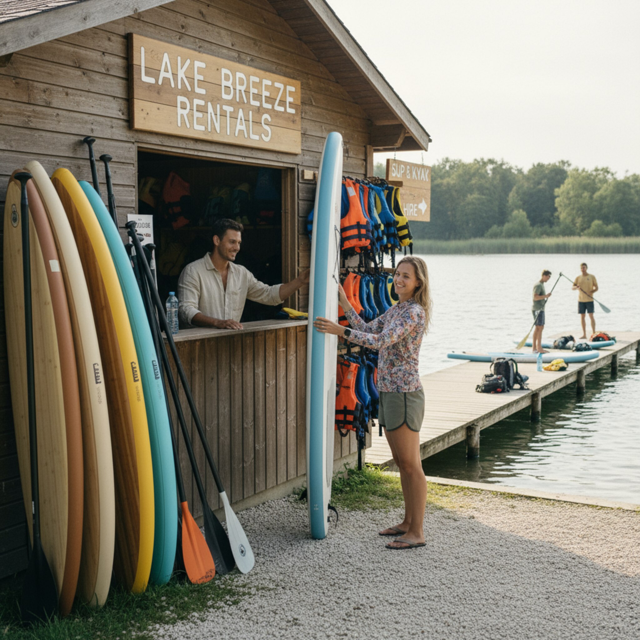 An der Verleihhütte stapeln sich SUP-Boards und Paddel, Rettungswesten hängen in geordneten Reihen. Eine Mitarbeiterin reicht einem Gast ein Board, beide lachen kurz. Im Hintergrund spiegelt die Sonne den Steg, das Ufer ist sauber strukturiert und klar ausgewiesen.