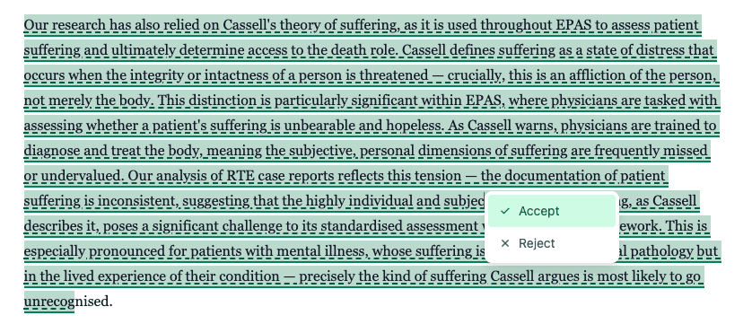 Coauthor track changes interface showing accept and reject controls for a manuscript revision