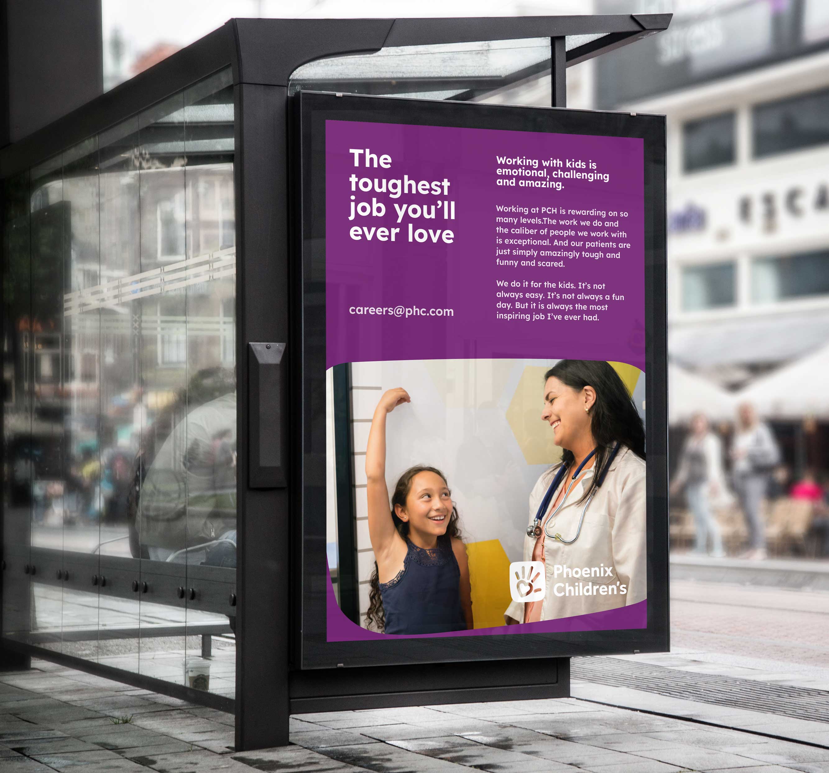 Design work example of PCH's recruitment marketing on a bus shelter