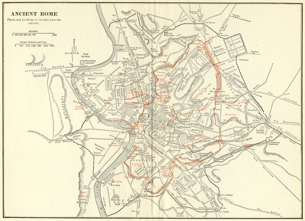 Platner's map of Rome for The Topography and Monuments of Ancient Rome (1911).