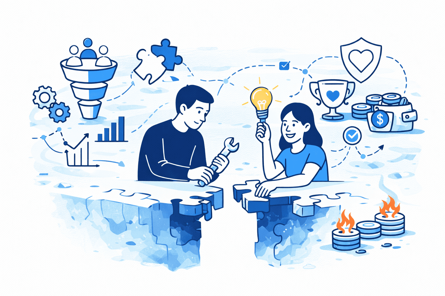 The illustration shows two comunity moderators who come up with ideas to breathe in the live in the Web3 community and fix mistakes in Web3 marketing strategy
