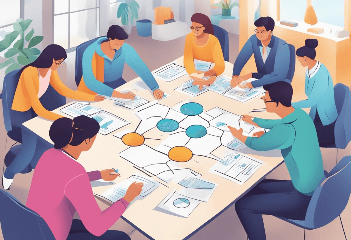 A group of employees actively participating in team-building activities, collaborating on projects, and sharing innovative ideas to drive organizational growth