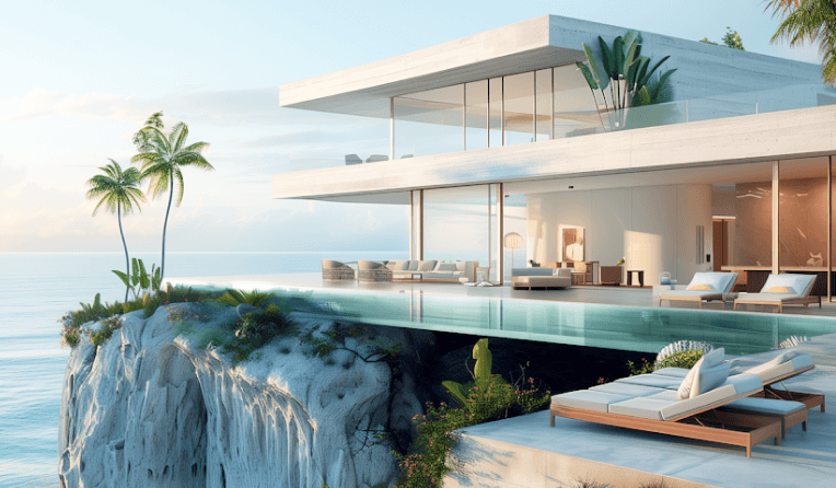 Luxury modern villa with infinity pool perched on a cliff overlooking the ocean.