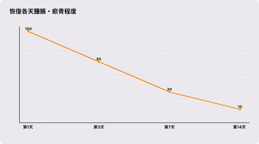 恢復期各天的腫脹與淤青程度
