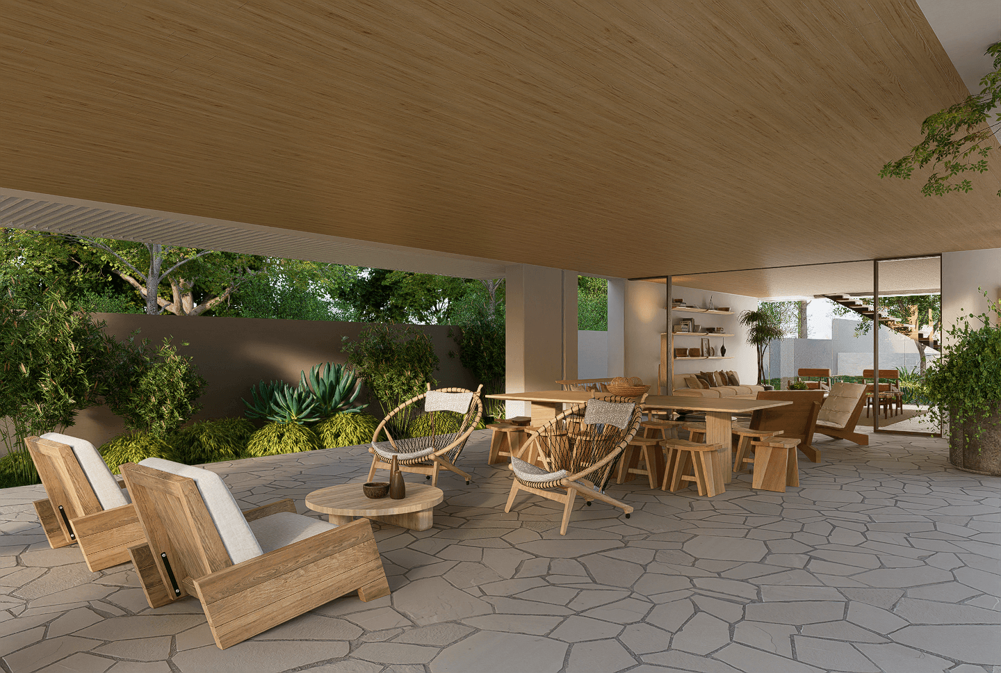 Open plan living and dining with timber ceiling and stone floor — TW House by Hurtado Arquitectos
