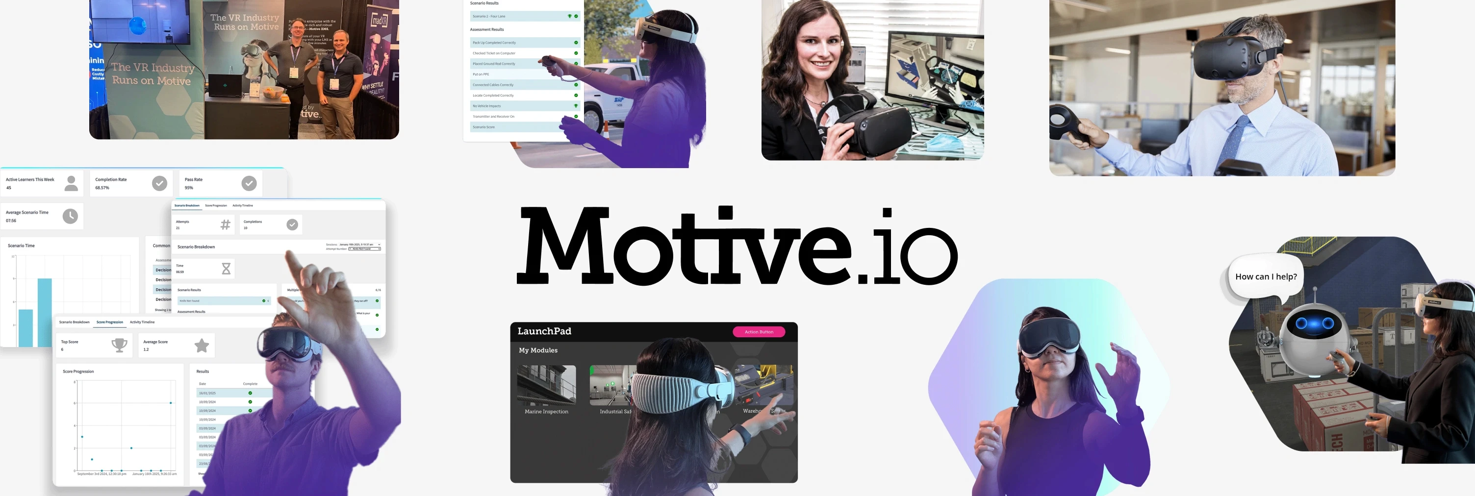 Motive.io logo with screenshots of VR training scenarios, analytics dashboards, and headset use in an office setting