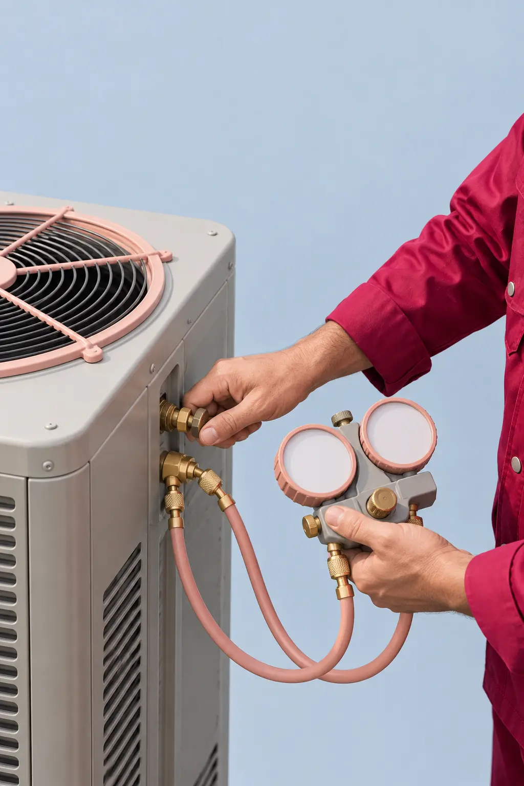 Technician connecting a gauge set with pink hoses to the service valves of an outdoor AC unit