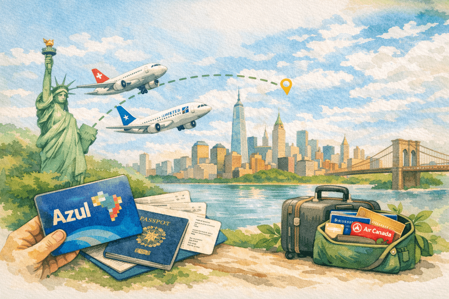 Ilustração em aquarela digital de viagem para Nova York com pontos Azul, com Estátua da Liberdade, skyline e bagagem.