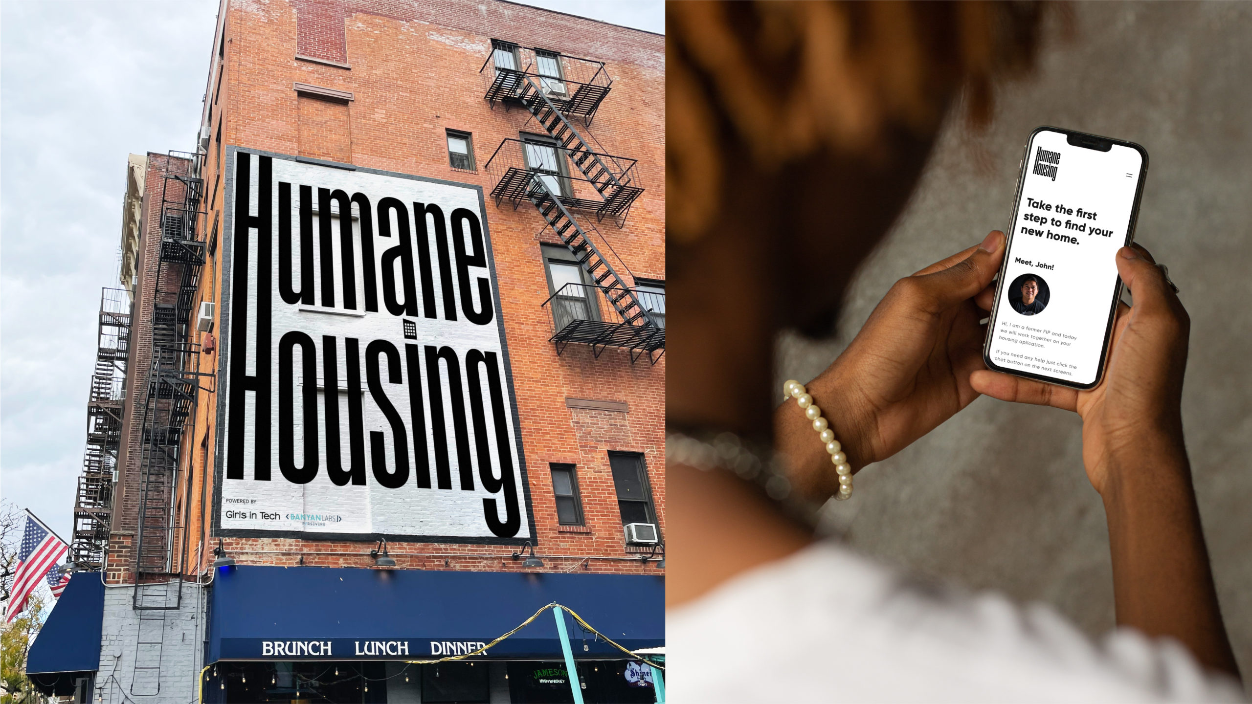 painted tupography on brick building wall and african american man holding a mobile phone
