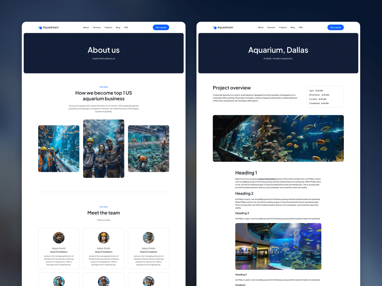 Aquadream about page and project detail page showcasing aquarium portfolio
