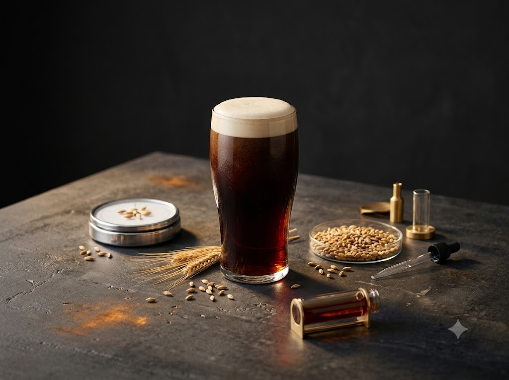 A high-quality concept photo featuring a pint of Guinness draft on a dark stone table, surrounded by its raw ingredients: wheat stalks, loose barley grains, and conceptual vials and tools representing nutritional analysis.