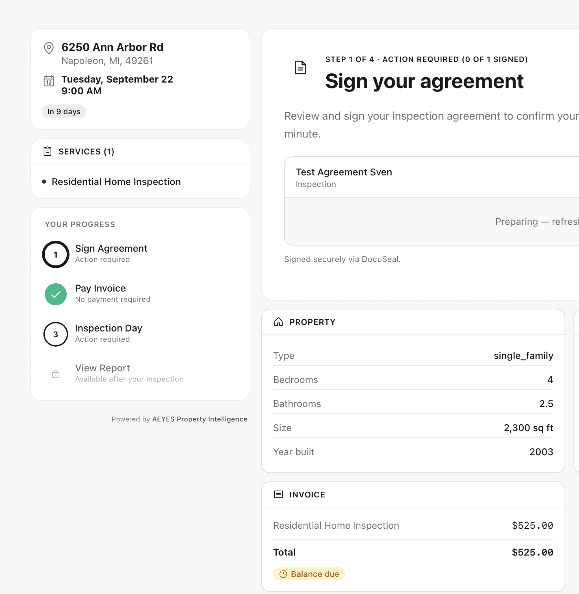 A client signing their inspection agreement in the AEYES portal, with the invoice and property details alongside