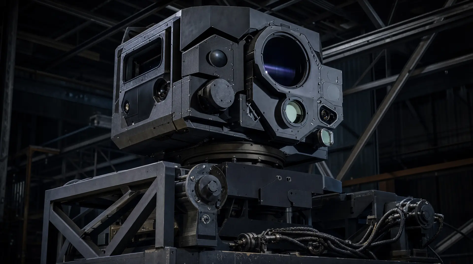 Industrial robotic sensor housing with multiple circular lens ports mounted under overhead rigging, showcasing robotics branding potential for mission-ready hardware.