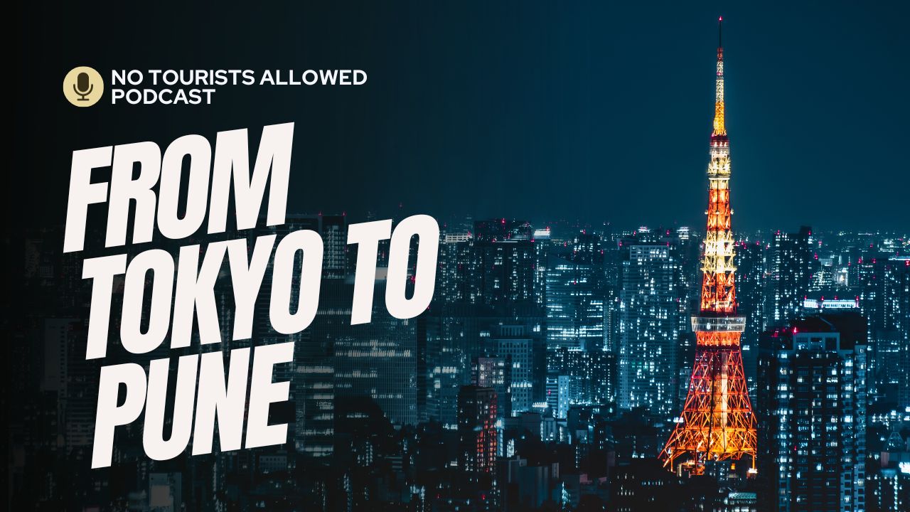 An image of a boat floating with the caption "FLOATING CITIES" above Mike Putman and James Ferrara, the No Tourists Allowed Podcast Hosts