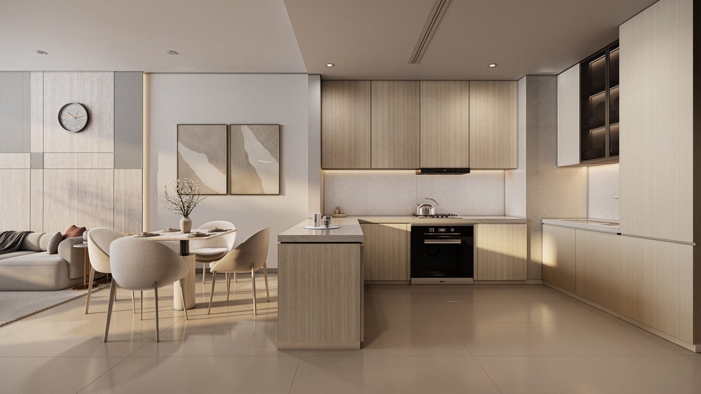 A sleek modern kitchen and dining area in a stylish apartment at Derby Heights, featuring contemporary furnishings and decor.